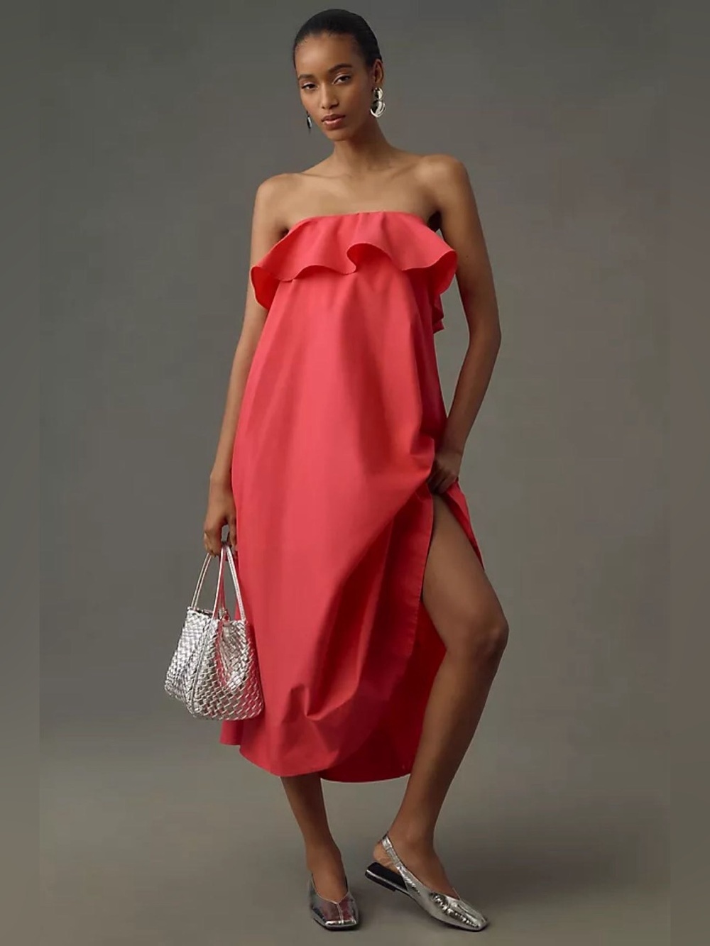 Anthropologie Strapless Ruffle Coral Pink Midi Dress